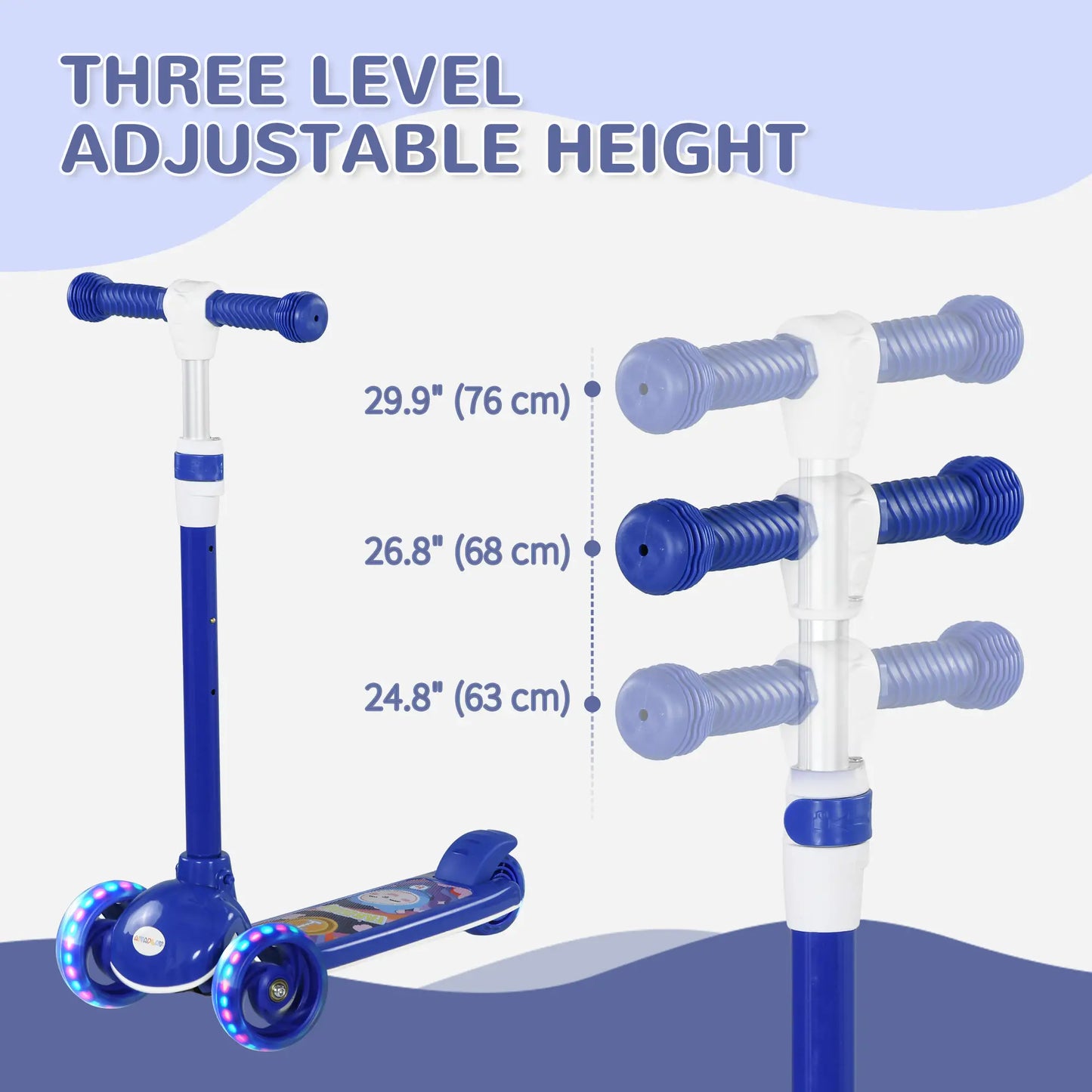 3 Wheel Kids Scooter, Adjustable Height, Rear-Fender Brake, LED Light, TPE Handlebar, Blue Scooters at Gallery Canada