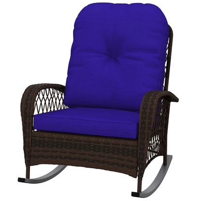 Outdoor Wicker Rattan Rocking Chair, Thick Cushions, Dark Blue Outdoor Rocking Chairs Mixed Brown Rattan, Dark Blue Cushion at Gallery Canada