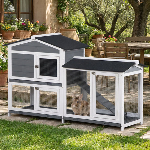 2-Tier Wooden Rabbit Hutch With Ramp, Outdoor Run, Grey