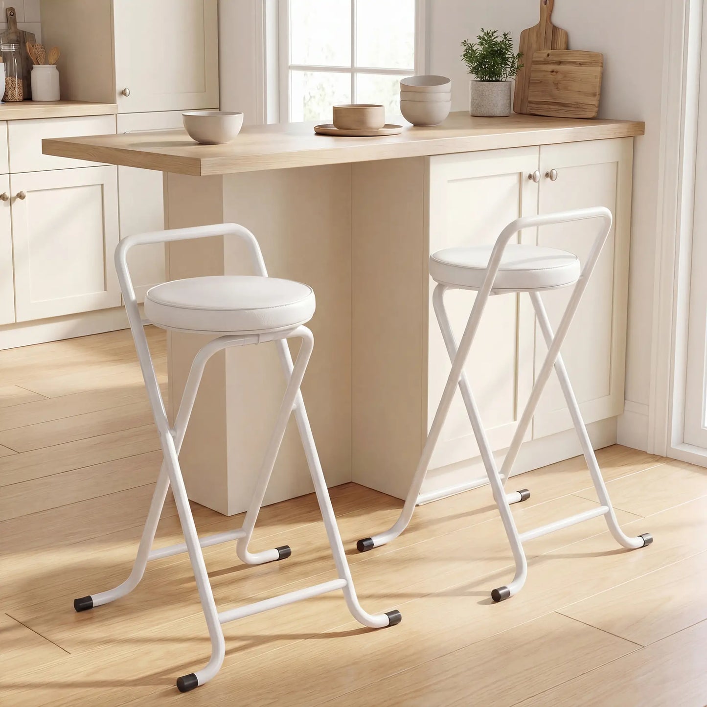 Foldable Bar Stools Set Of 2, PU Cushioned Seat With Footrest, White Bar Stools at Gallery Canada