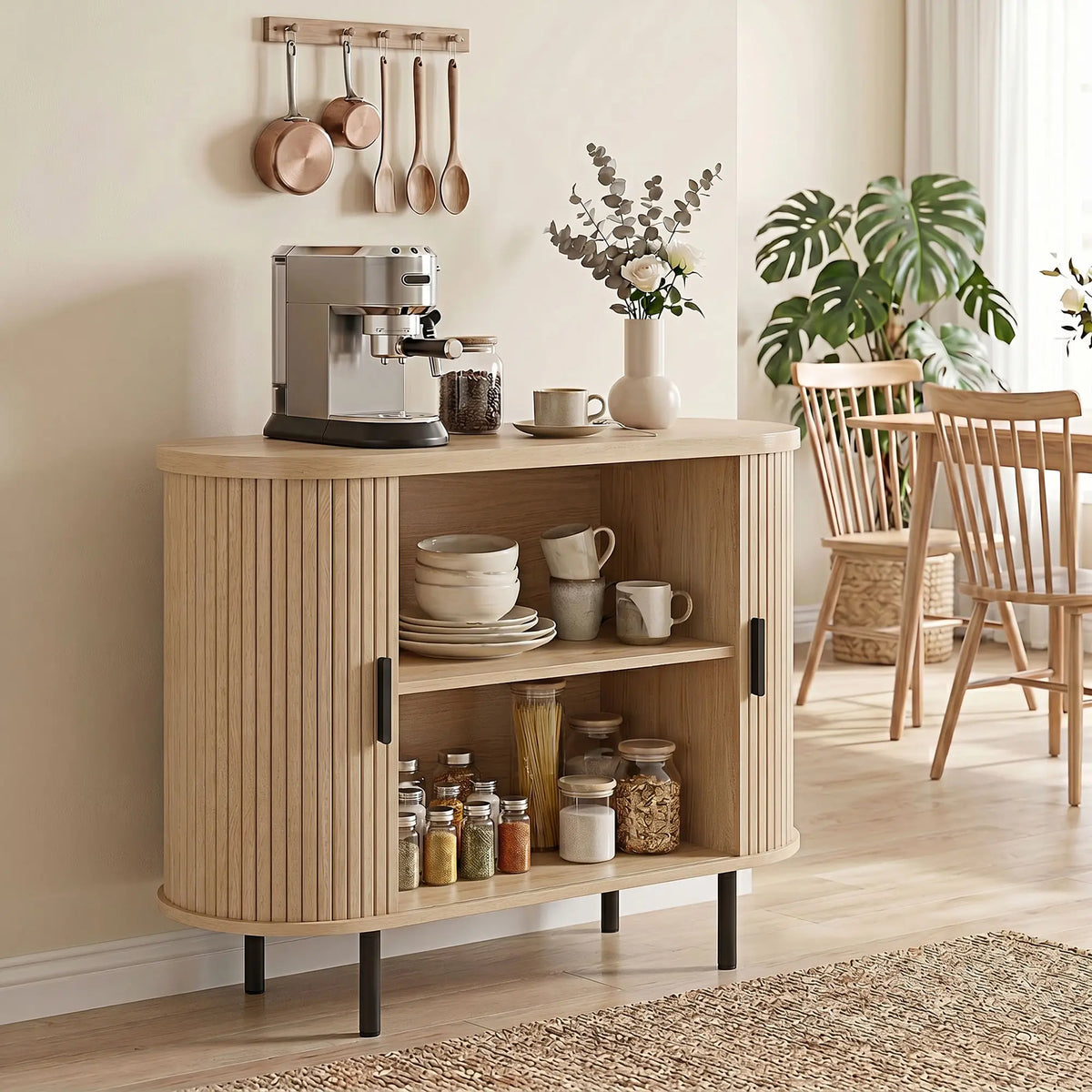 Sideboard Buffet Cabinet with Curved Tambour Doors, Natural Wood, Natural Wood Storage Cabinets at Gallery Canada