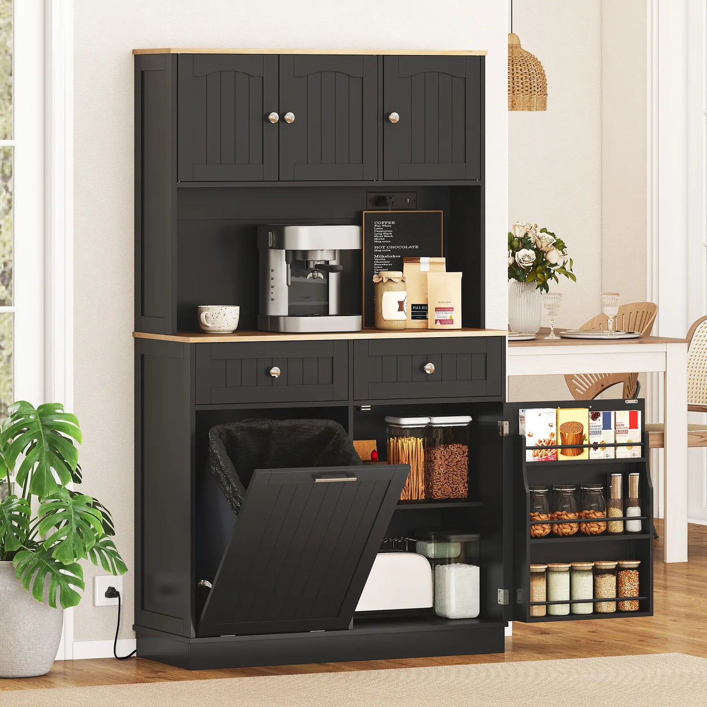 68 Inch Pantry Cabinet with Charging Station, Microwave Stand, Trash Can, Black Kitchen Pantry Cabinets at Gallery Canada