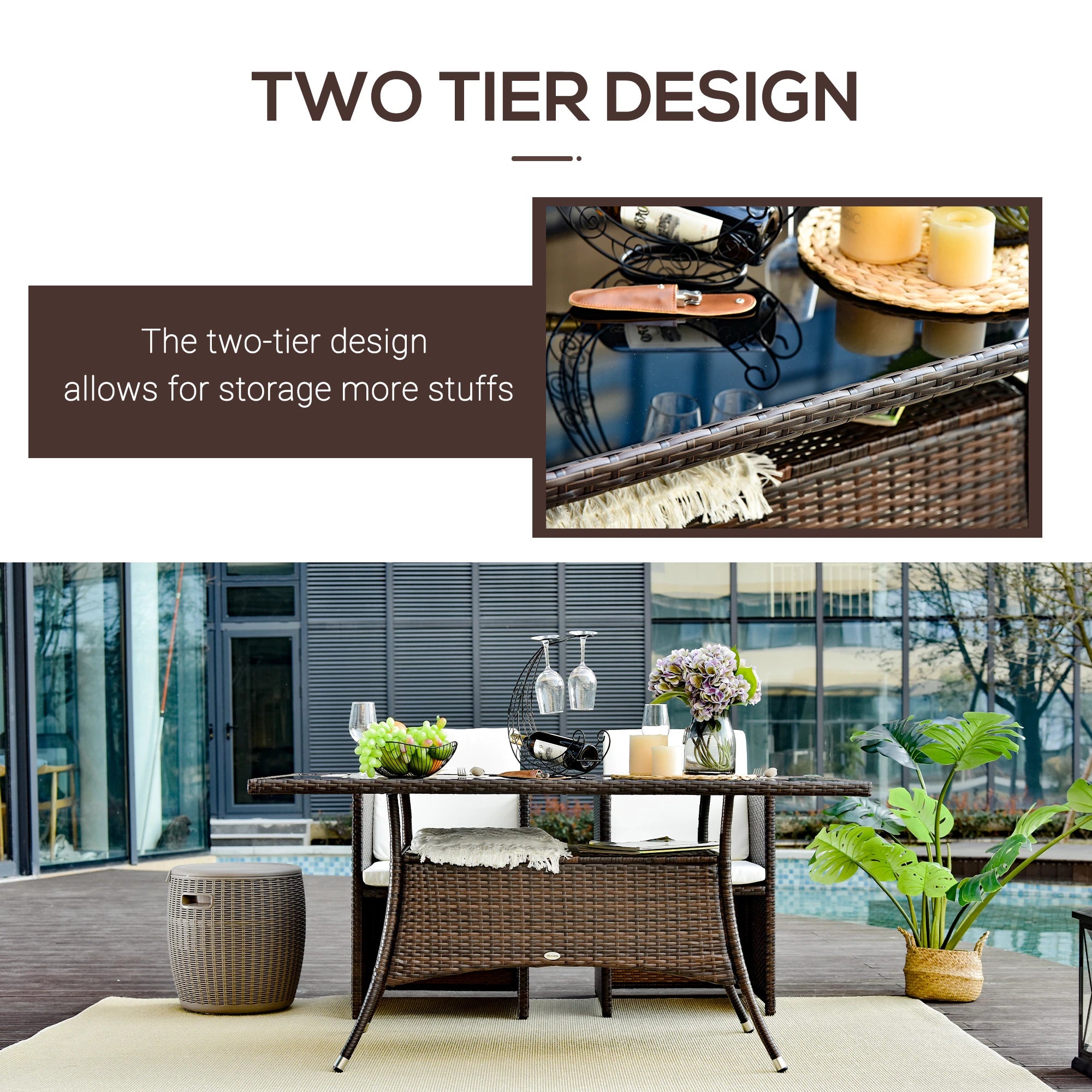 Patio Rattan Dining Table With Glass Top, 59x34x29, Brown Patio Dinning Tables at Gallery Canada