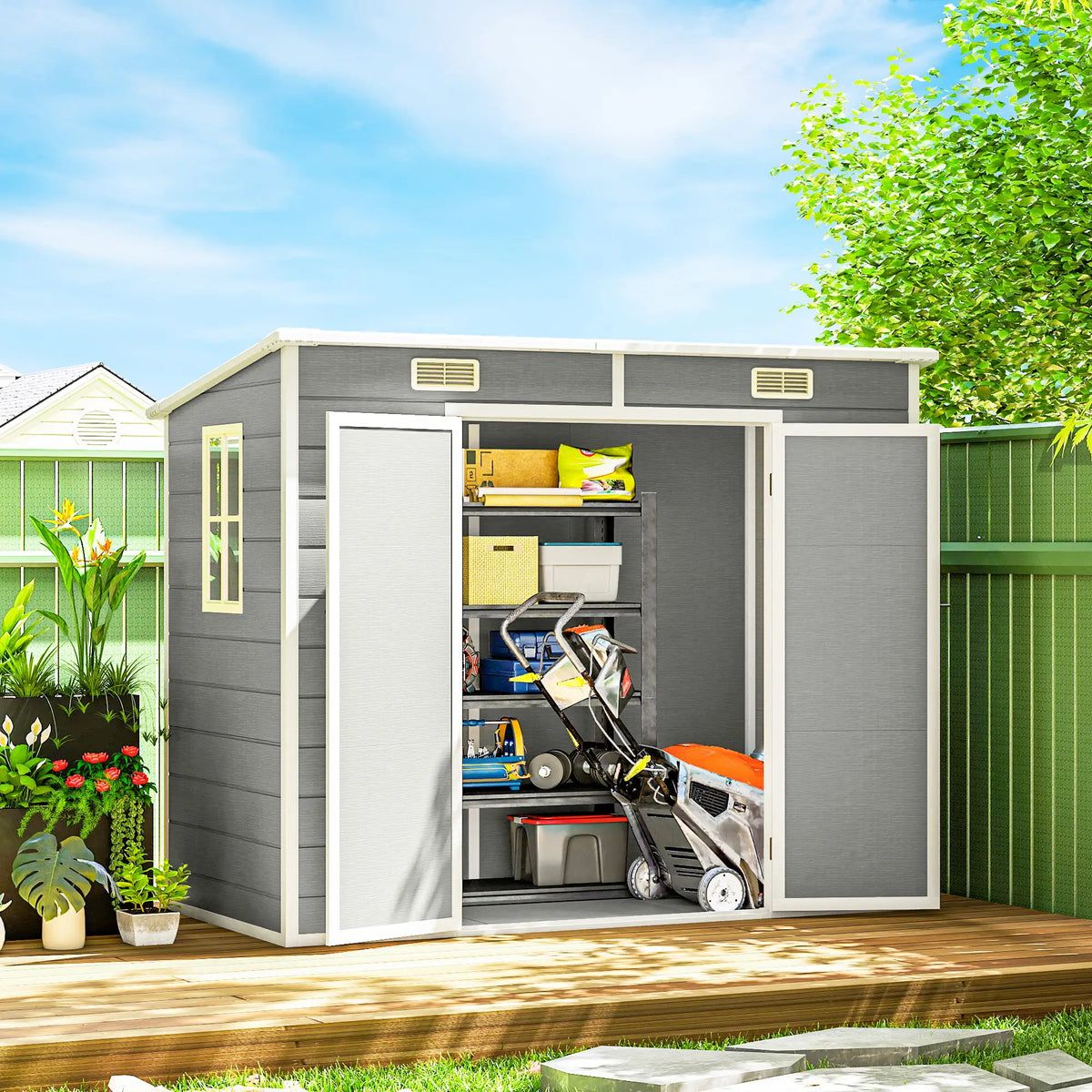 8' x 4' Resin Outdoor Storage Shed, Window, Lockable Doors, Light Grey Sheds at Gallery Canada