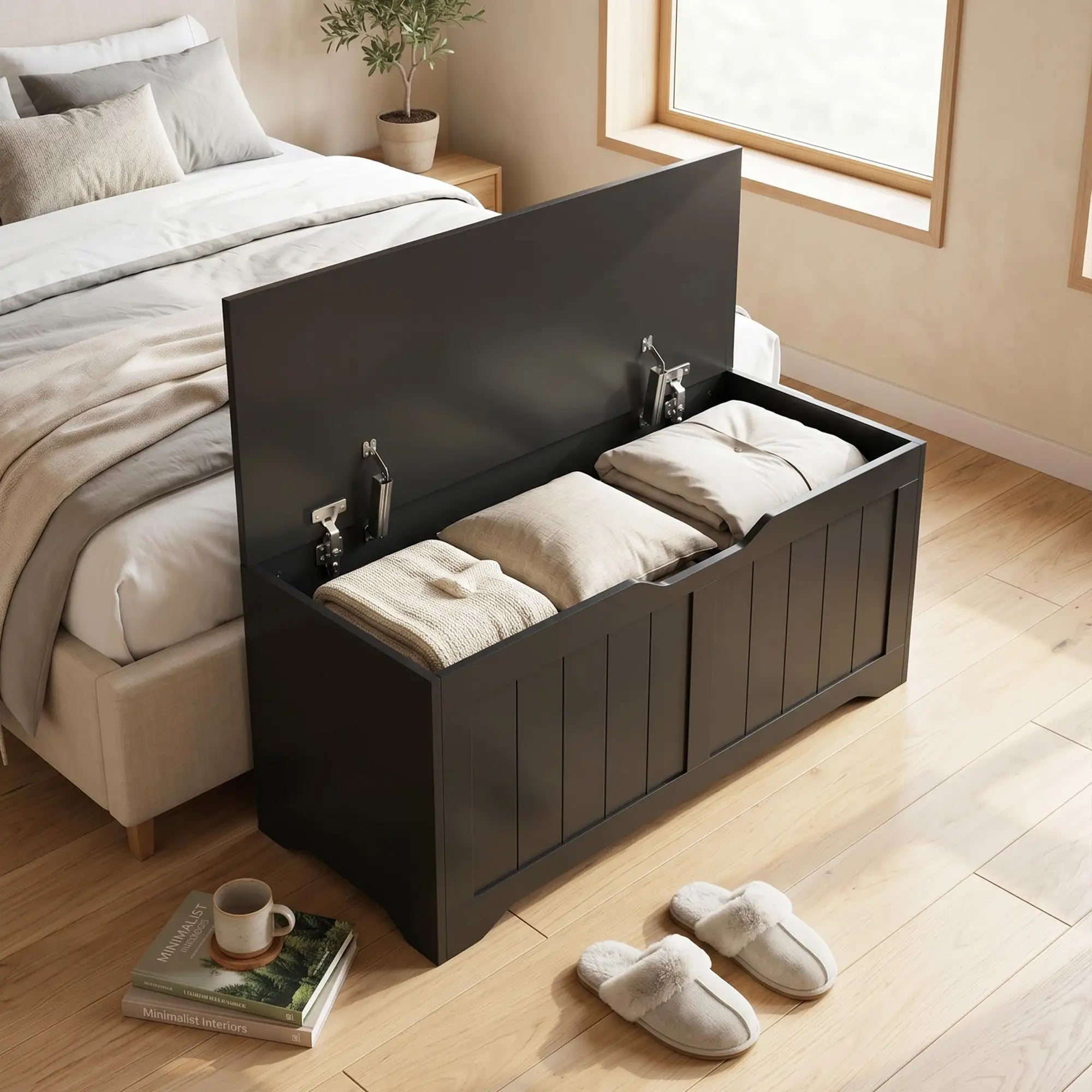 Storage Bench with Lift Top Storage Chest with Safety Hinges for Entryway, Living Room, Black Storage Cabinets at Gallery Canada