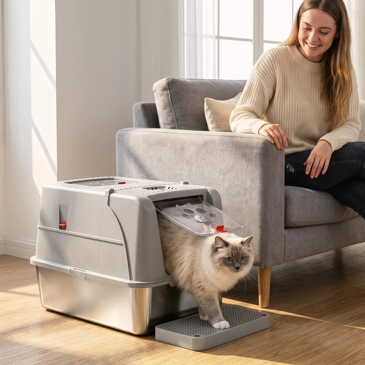 XL Stainless Steel Enclosed Cat Litter Box, Lid, Scoop, Step, Grey Cat Litter Box Enclosures at Gallery Canada