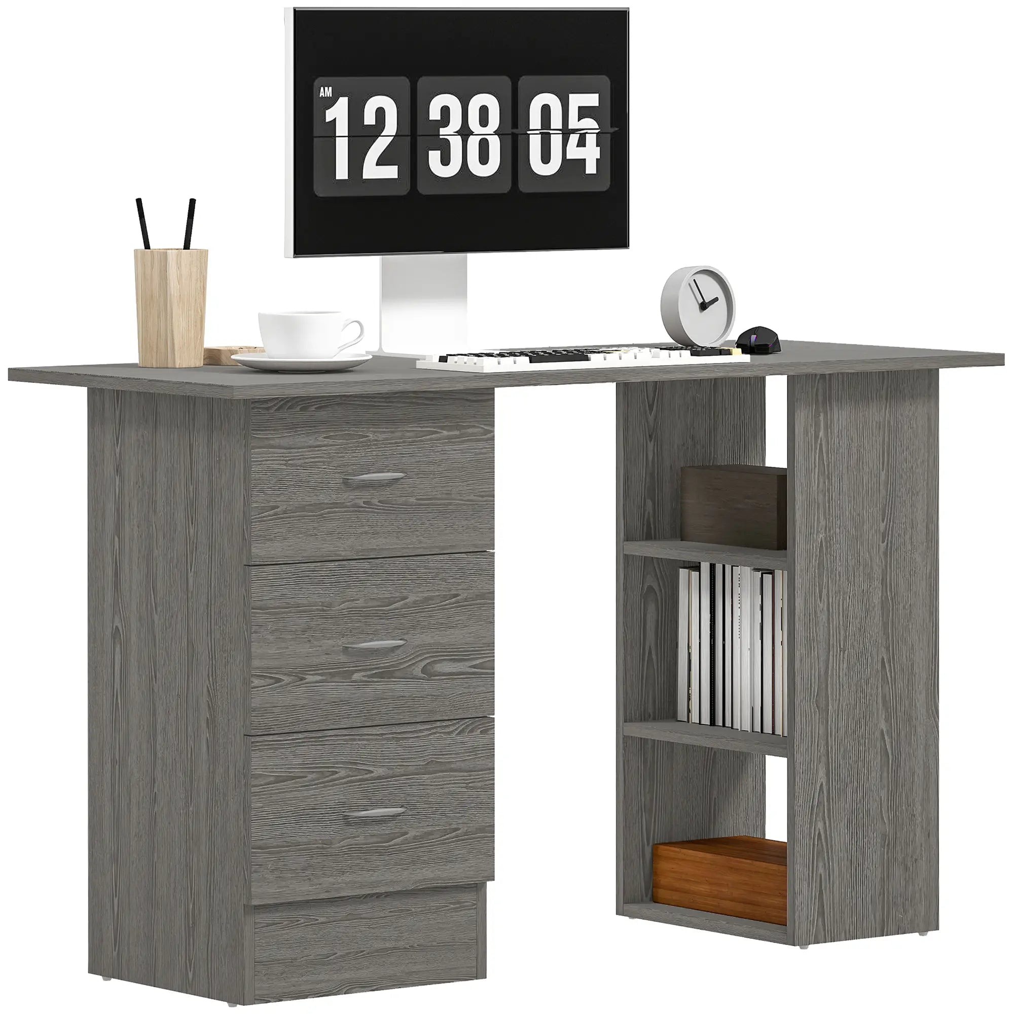 47 Inches Office Desk, 3-Tier Storage Shelves, Drawers, Grey Computer Desks at Gallery Canada