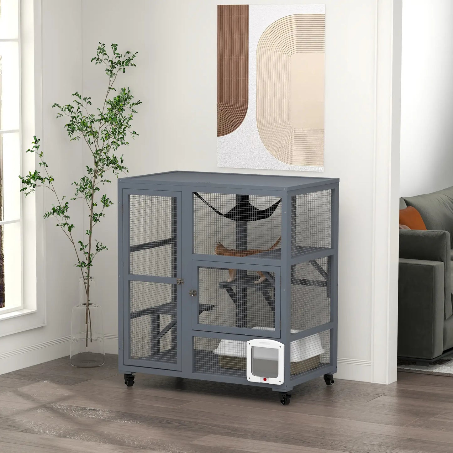 Wooden Cat Condo on Wheels, Cat Flap Door, Hammock, Light Grey Outdoor Cat Enclosures at Gallery Canada