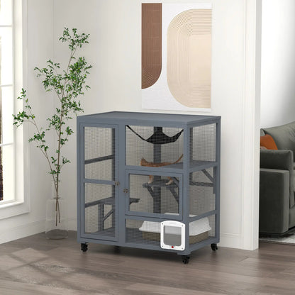 Wooden Cat Condo on Wheels, Cat Flap Door, Hammock, Light Grey Outdoor Cat Enclosures at Gallery Canada