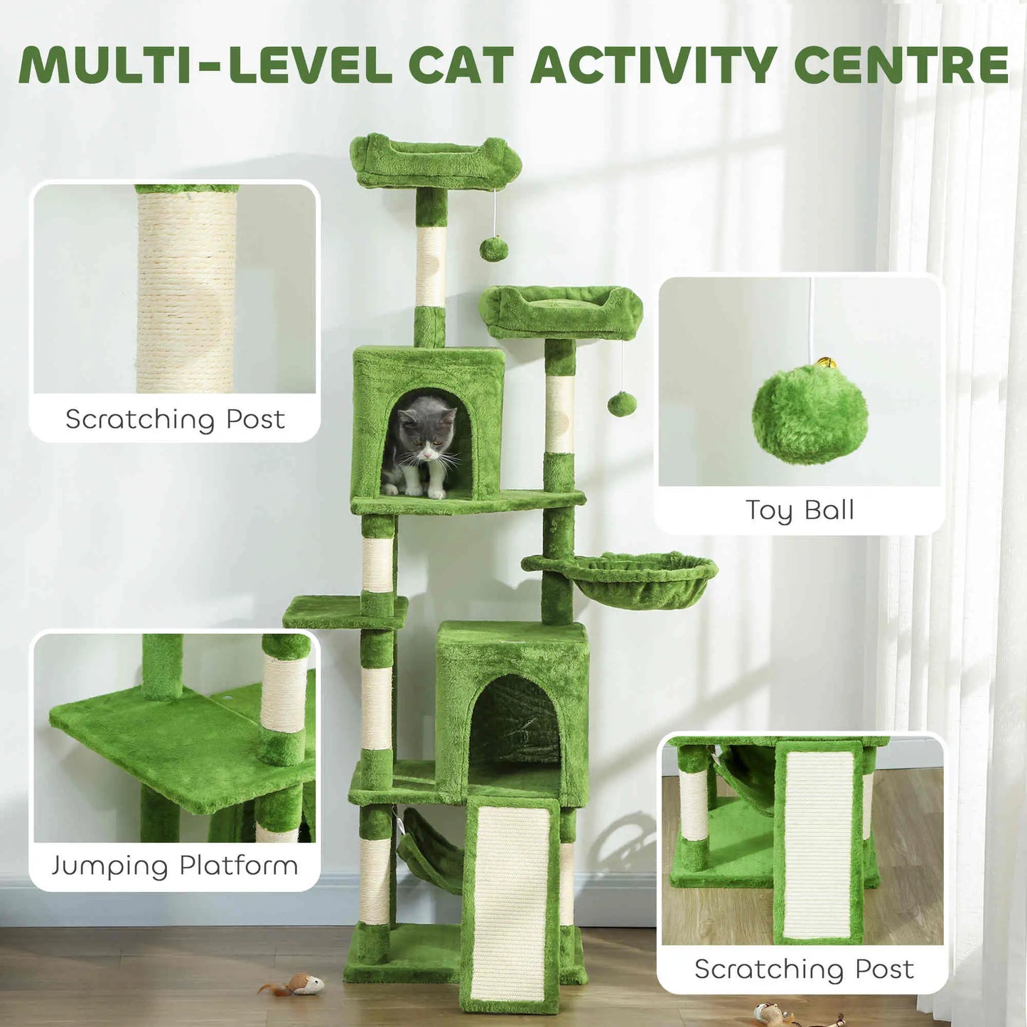 Cat Tree, 70 Inch Multi-Level Tower, 2 Condos, 2 Perches, Hammock, Green Cat Towers at Gallery Canada