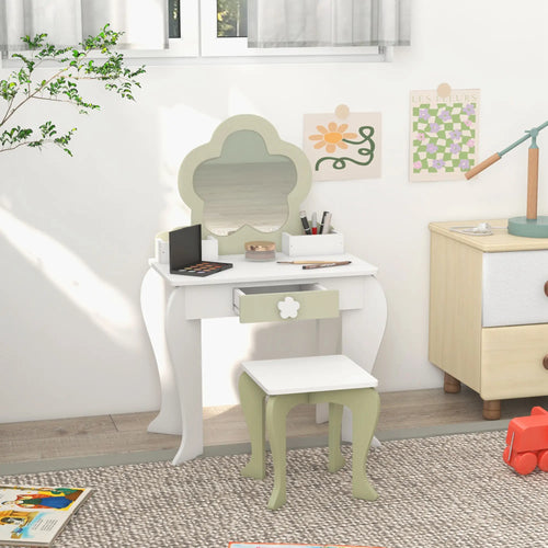 Kids Makeup Vanity Set With Stool, Mirror, Drawer, Storage Boxes, White