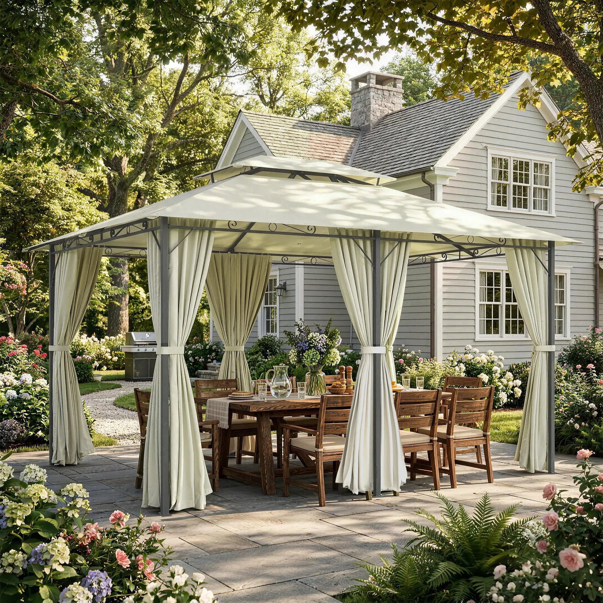 13' x 10' Soft-top Gazebo Patio Steel Canopy Portable Party Event with Double Canopy Roof, Curtains, Cream White Gazebos at Gallery Canada