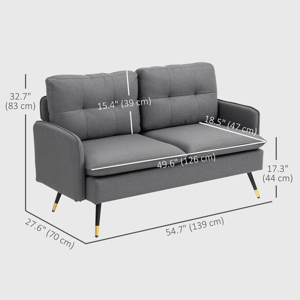 Modern 55" Loveseat, Fabric Sofa, Button Tufted Back, Steel Legs, Dark Grey 2-Seater Sofas at Gallery Canada