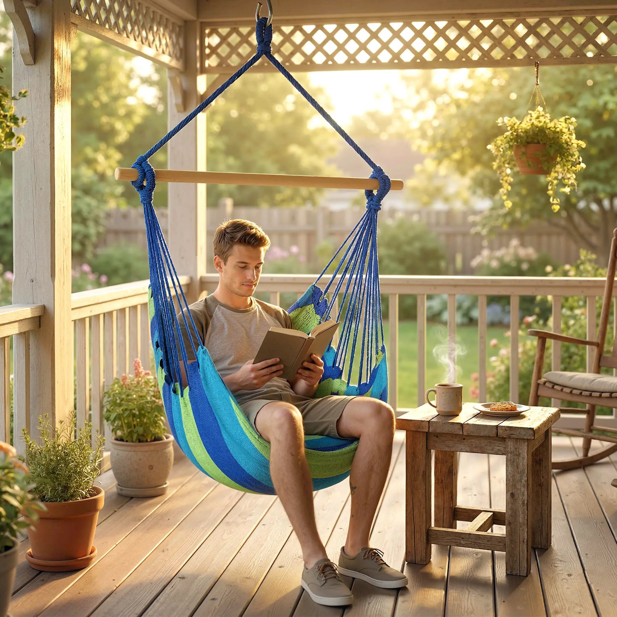 Hanging Macrame Chair, Two Soft Seat Cushions, Blue Green Hanging Porch Swings at Gallery Canada