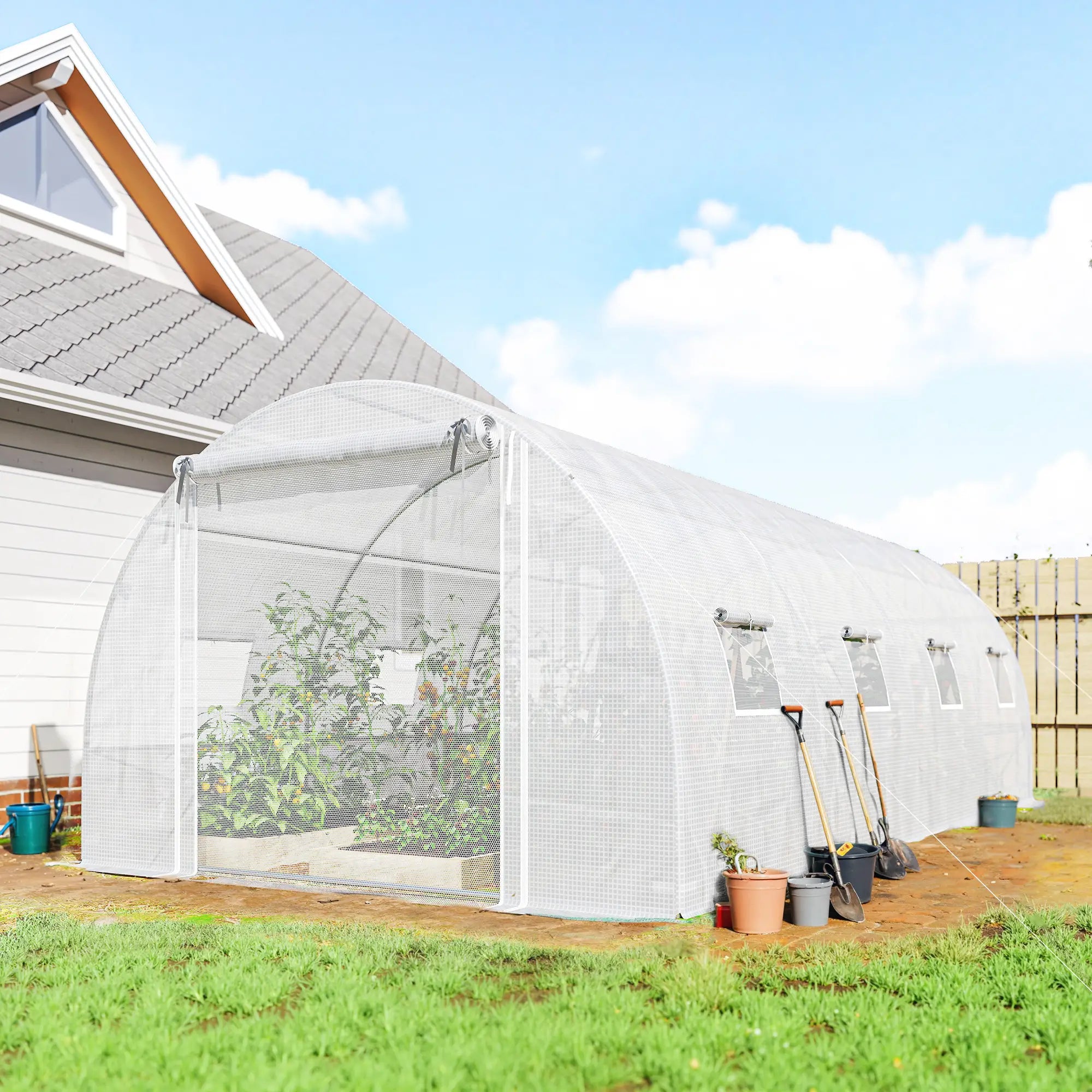 Walk-in Tunnel Greenhouse, 20'x10'x7', Mesh Door, PE Cover, White Tunnel Greenhouses at Gallery Canada