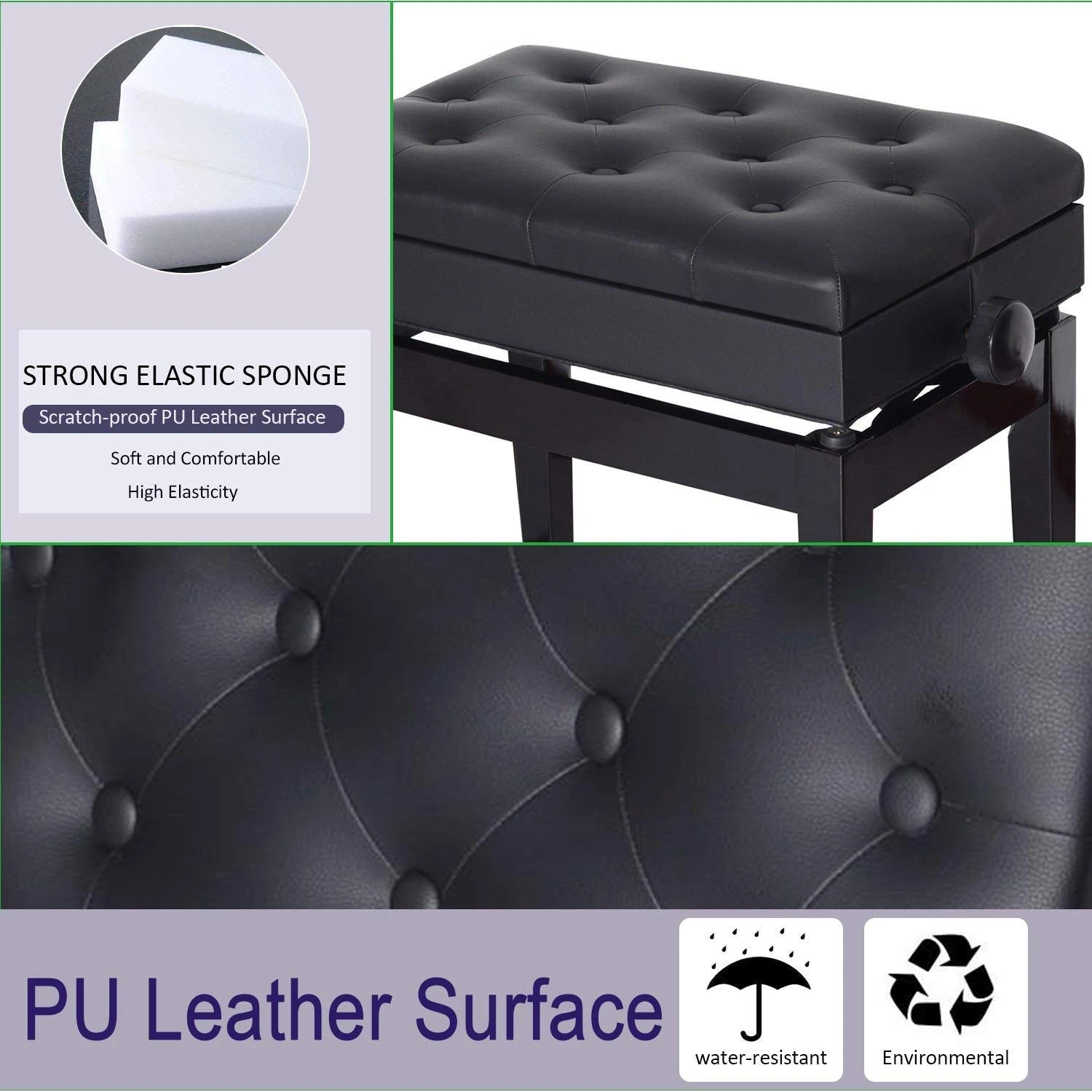 Adjustable Piano Bench with Storage, PU Leather, Black Piano Benches at Gallery Canada