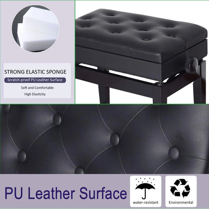 Adjustable Piano Bench with Storage, PU Leather, Black Piano Benches at Gallery Canada