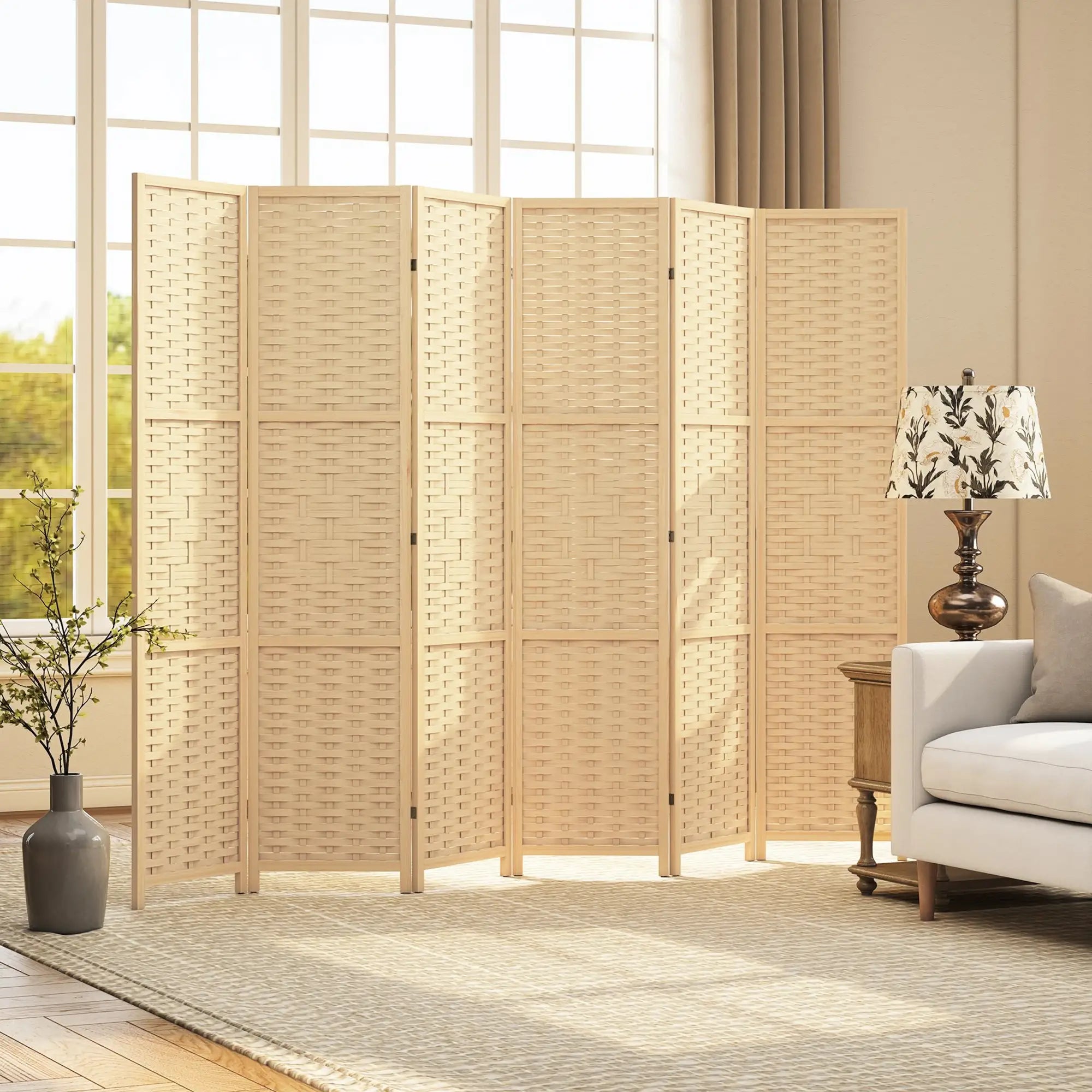 6-Panel Room Divider, 5.6 FT Freestanding Folding Privacy Screen, Natural Wood Room Dividers at Gallery Canada