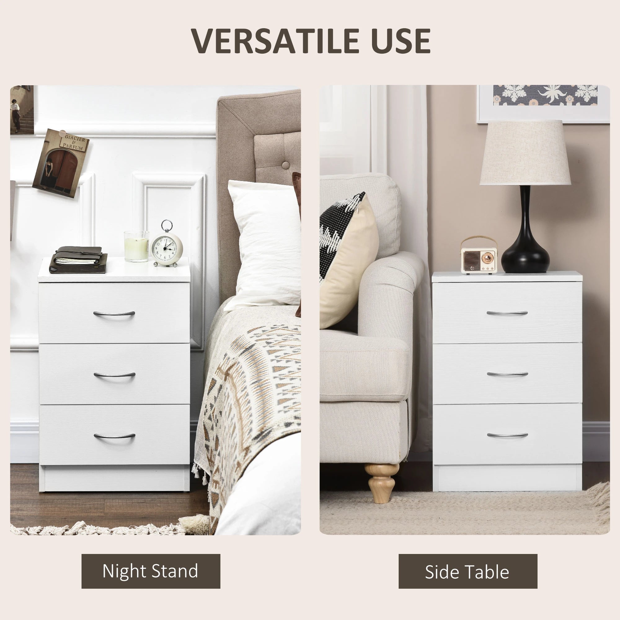 Modern Wood Nightstand, 3 Drawers, Anti-Tipping, White Bedside Tables at Gallery Canada