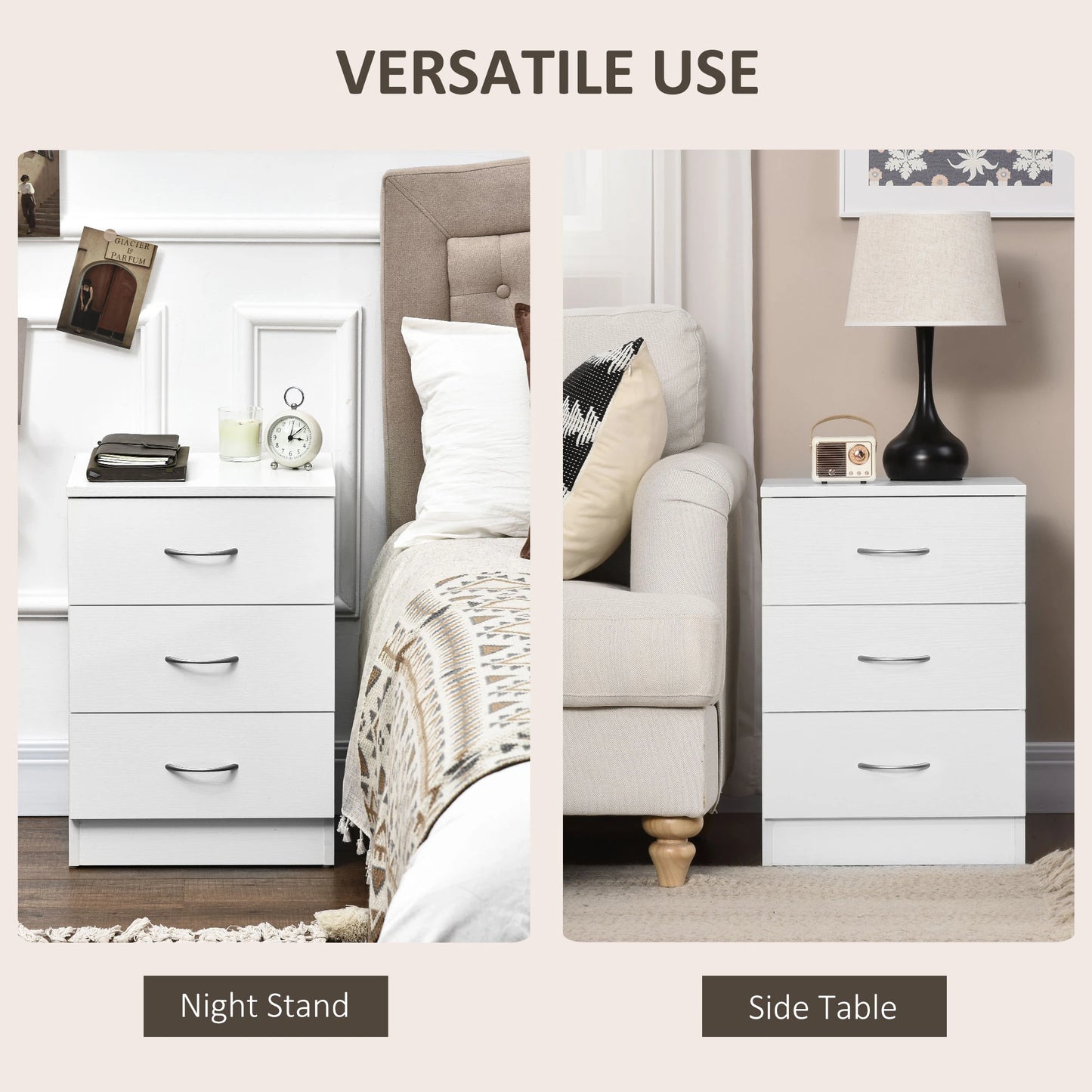 Modern Wood Nightstand, 3 Drawers, Anti-Tipping, White Bedside Tables at Gallery Canada