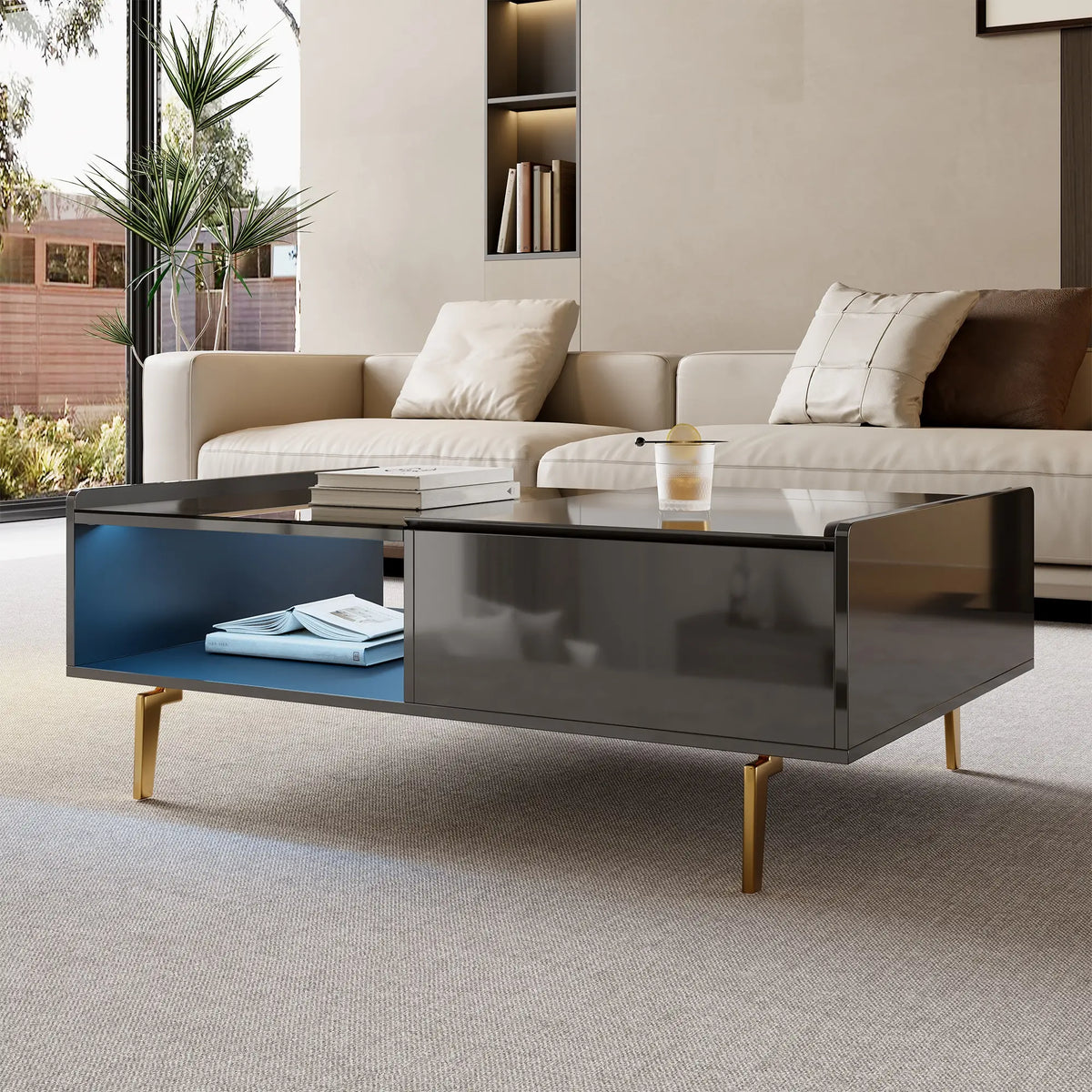 LED Coffee Table, Glass Top, Adjustable Height, Storage, 43.5" L x 21.5" W x 15.5" H, Black Coffee Tables at Gallery Canada