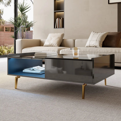 LED Coffee Table, Glass Top, Adjustable Height, Storage, 43.5" L x 21.5" W x 15.5" H, Black Coffee Tables at Gallery Canada