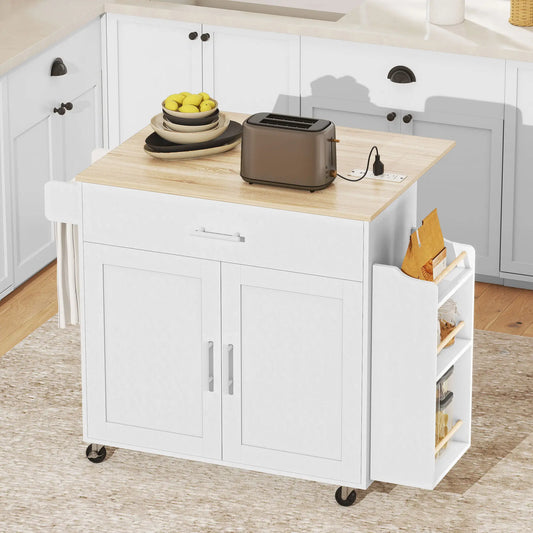 Kitchen Island with Storage, Rolling Cart, Foldable Drop Leaf, Power Outlet, USB Ports, White Kitchen Islands & Kitchen Carts Natural, White at Gallery Canada