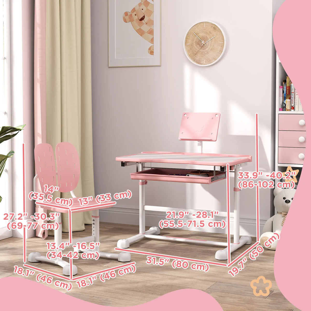 Adjustable Kids Desk and Chair Set, Tilt Desktop, Large Writing Board, Pink Kids Desk Sets at Gallery Canada