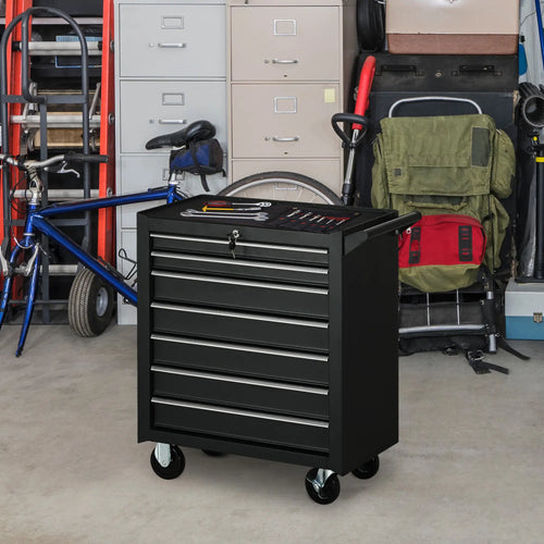 Mobile Lockable Toolbox, 7 Drawer Tool Chest, Black