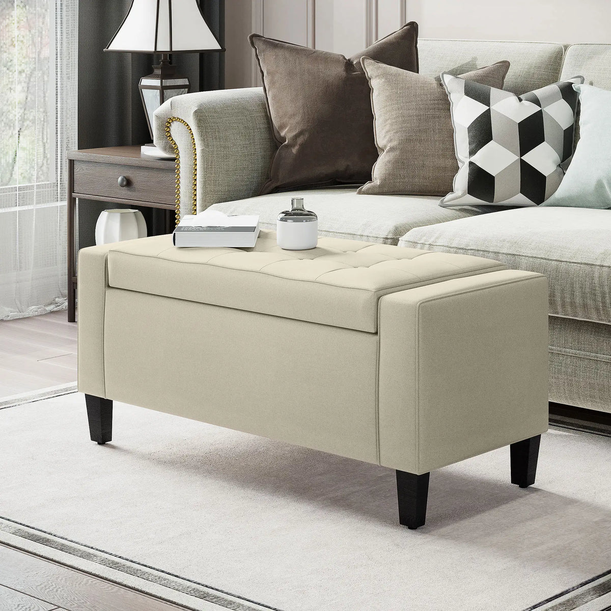 36In Storage Ottoman Bench, Wood Frame, Beige Storage Ottomans & Benches at Gallery Canada