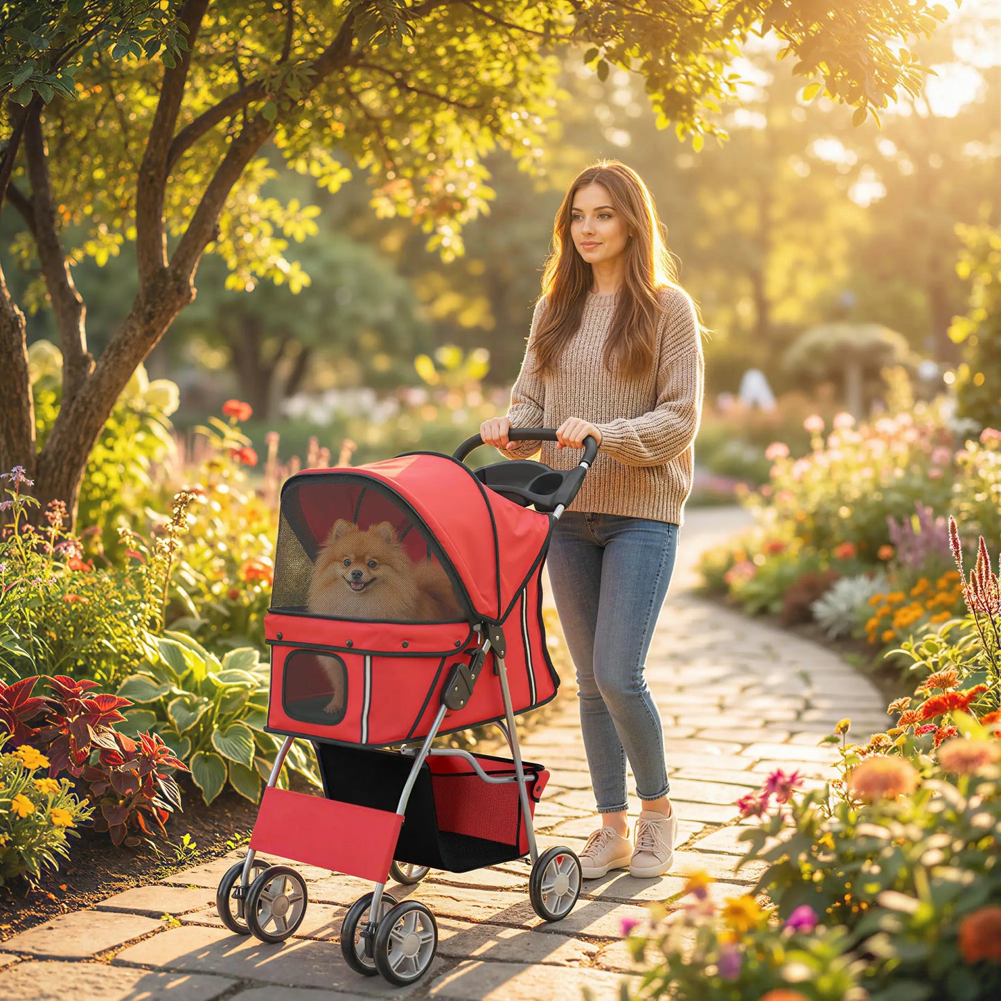 Foldable Pet Stroller, 360° Swivel Wheels, Reflective Strips, Red Dog Bike Trailers & Strollers at Gallery Canada