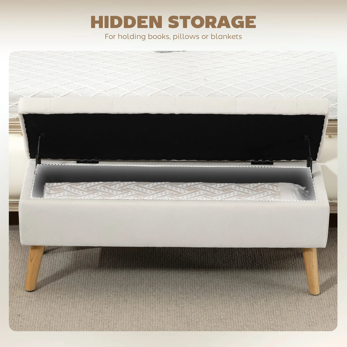 Storage Ottoman With Lid, Velvet Bench, Cream White Storage Ottomans & Benches at Gallery Canada