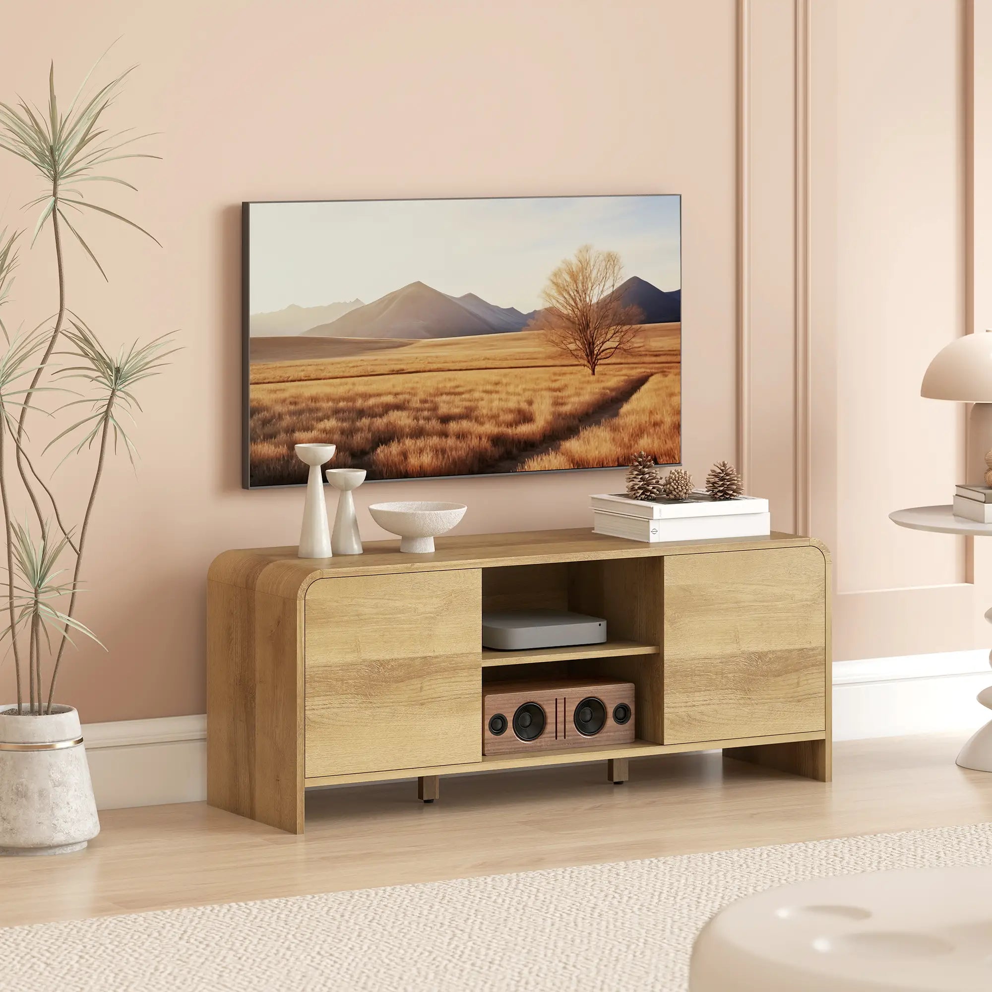 TV Stand For 55 Inch TV, Natural Wood Entertainment Center With 2 Cabinets TV Stands at Gallery Canada