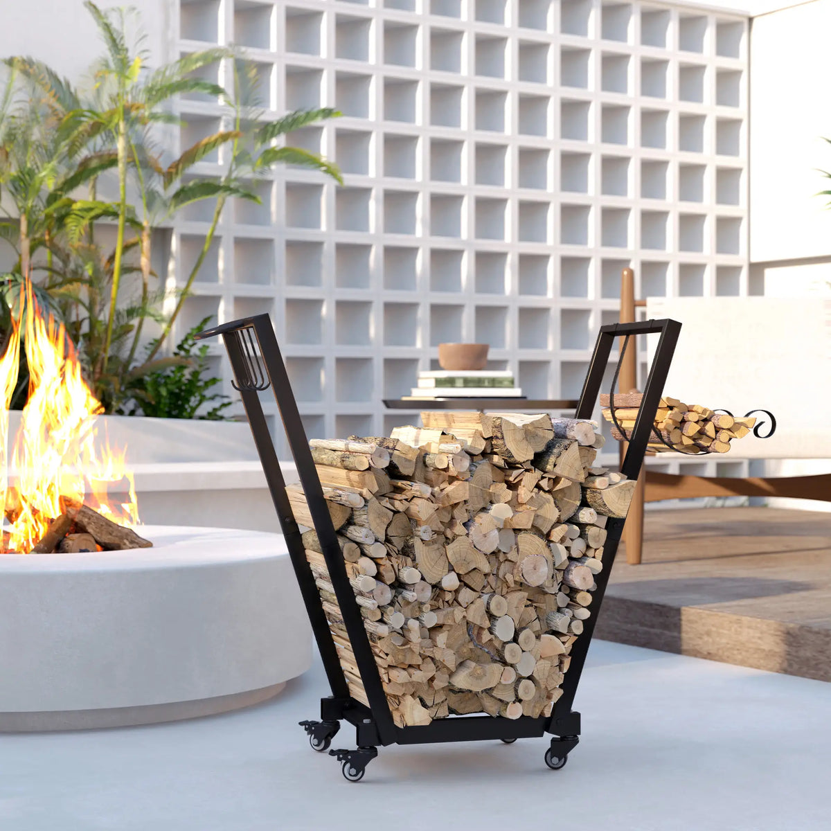 31 Inch Firewood Rack, Heavy Duty with Swivel Casters, Indoor Outdoor, Black Firewood Racks at Gallery Canada