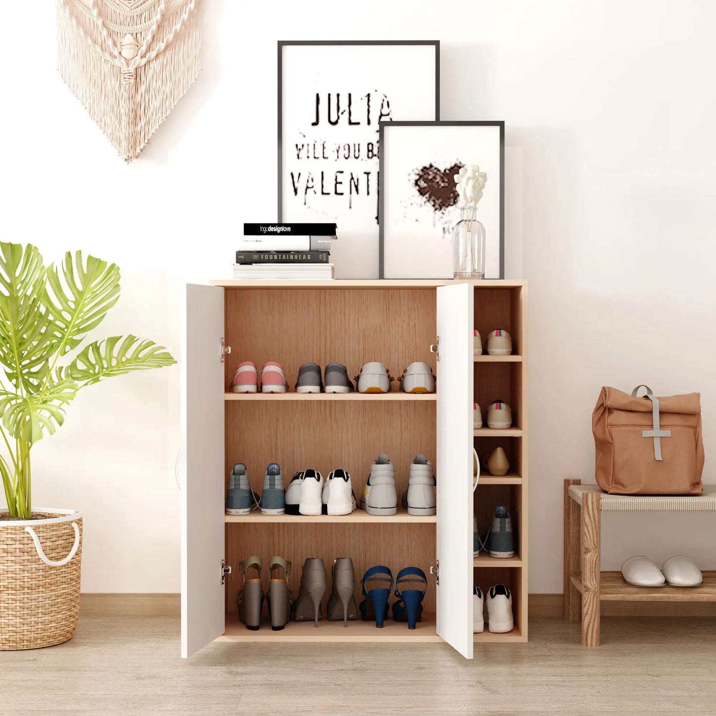 35.5" Shoe Cabinet, 3-Tier Adjustable Shelves, 5 Open Cubes, Natural Shoe Storage Cabinets & Racks at Gallery Canada