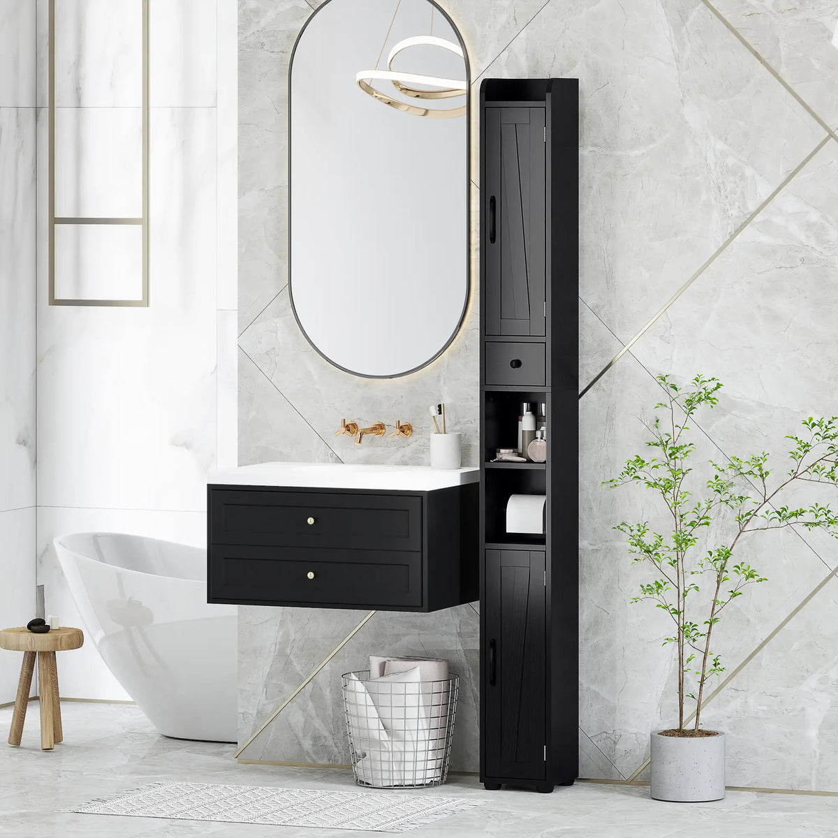 Narrow Bathroom Cabinet, Tall Storage with Barn Doors, Wood Grain, Black Bathroom Cabinets at Gallery Canada