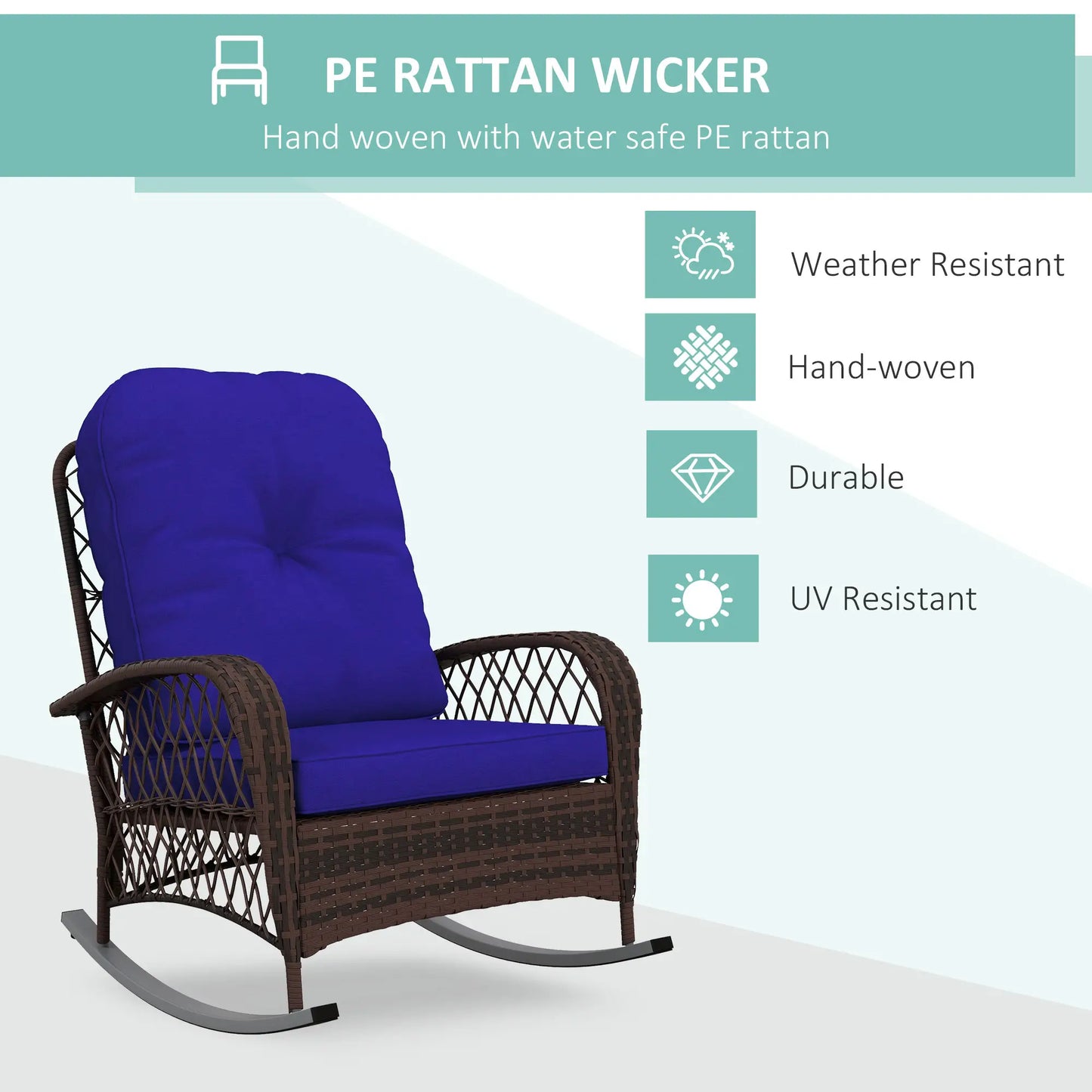 Outdoor Wicker Rattan Rocking Chair, Thick Cushions, Dark Blue Outdoor Rocking Chairs at Gallery Canada
