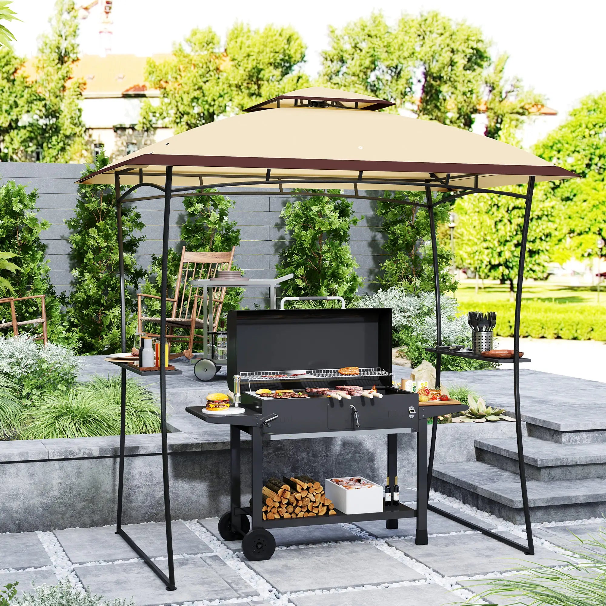 8' x 5' Outdoor Grill Gazebo, Double Tiered, Beige BBQ Grill Gazebos at Gallery Canada
