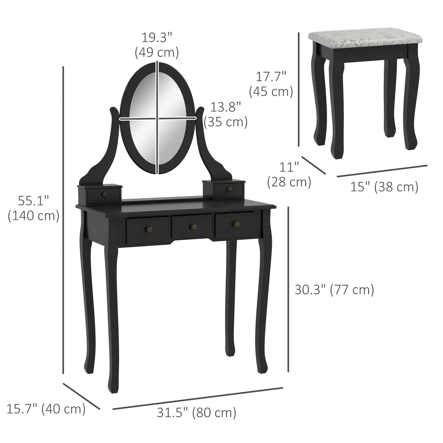 Wooden Vanity Table, 360° Rotating Oval Mirror, 5 Drawers, Padded Stool, Black Dressing & Vanity Tables at Gallery Canada