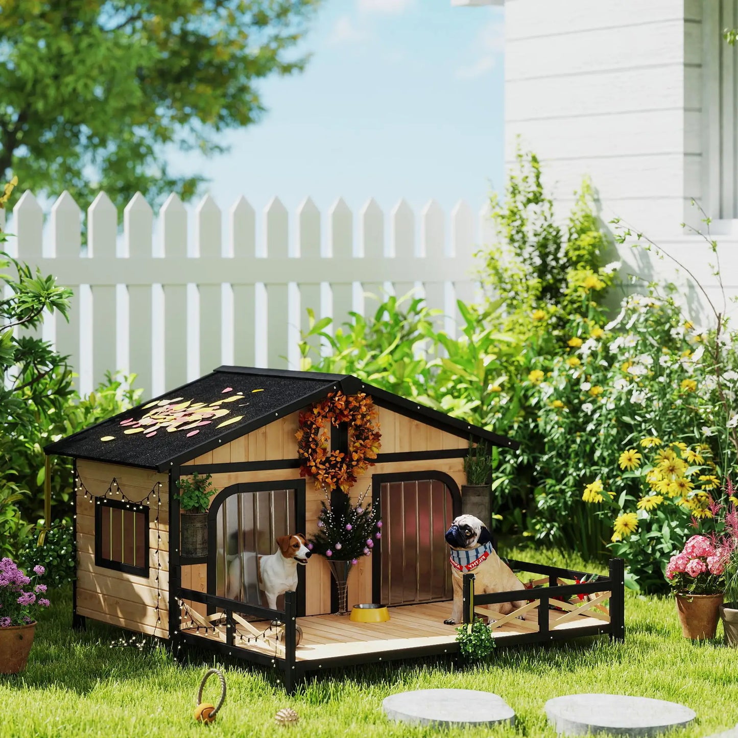 59"x64"x39" Wood Dog House, Outdoor Cabin-Style, Elevated Pet Shelter, Beige Houses, Kennels & Pens at Gallery Canada