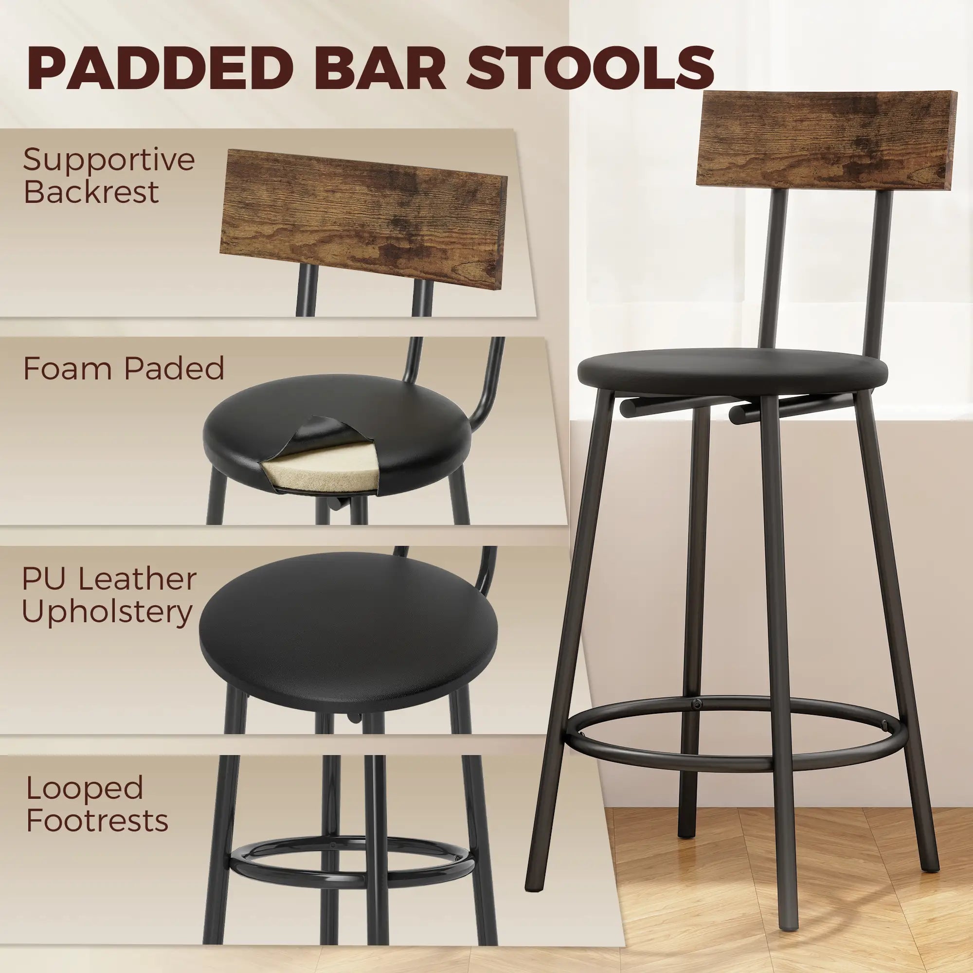Bar Table Set, 4 PU Cushioned Barstools, Rustic Brown Bar Sets at Gallery Canada