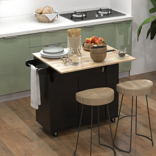 Kitchen Island with Power Outlet, Drop Leaf, 2 Drawers, Black