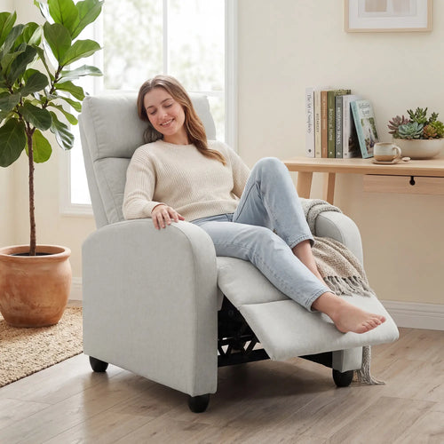 Fabric Recliner Chair, Manual Reclining Sofa, Padded Seat, Cream White