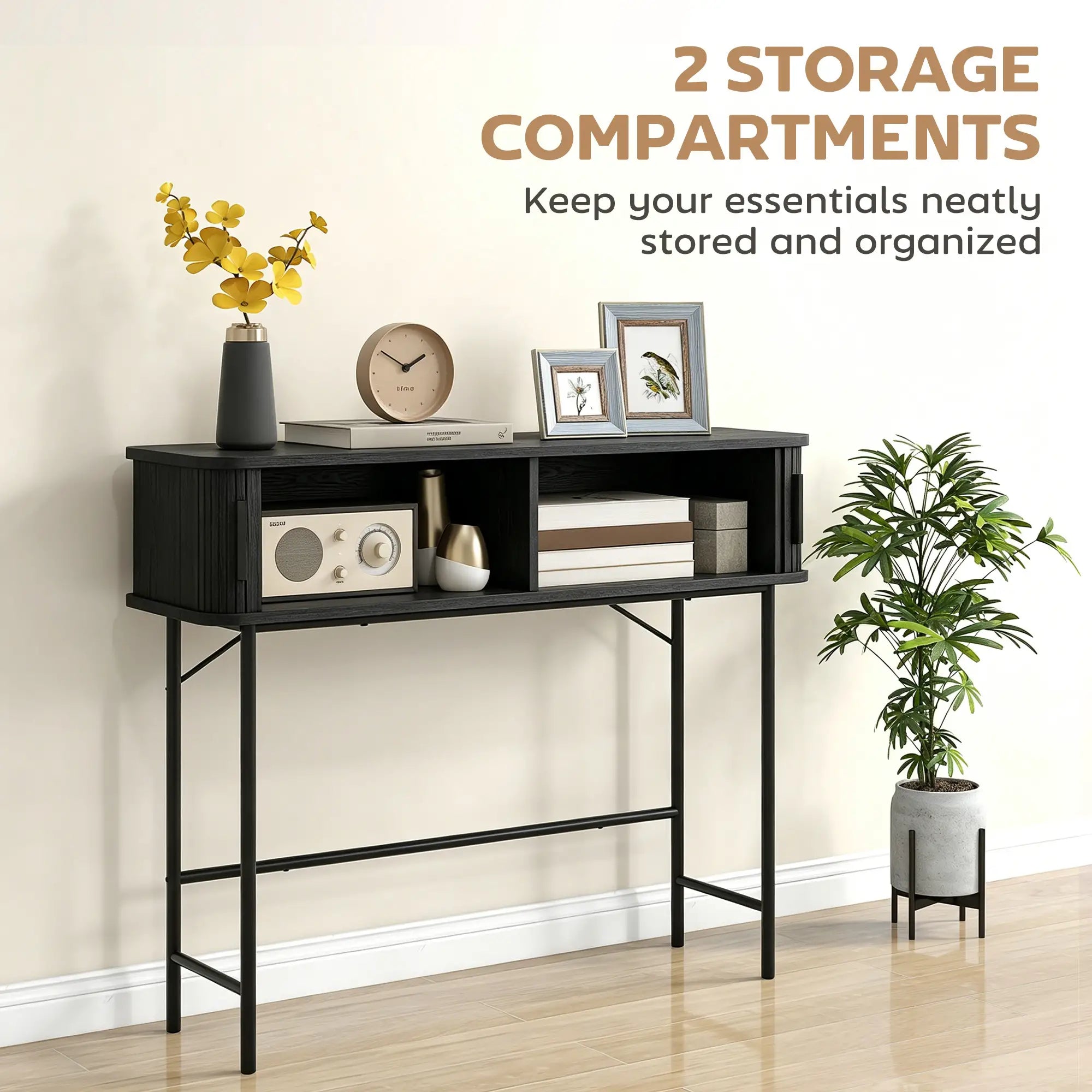 Mid-Century Console Table, Narrow Entryway Table with Storage, Black Console Tables at Gallery Canada