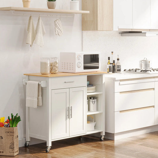 Wooden Rolling Kitchen Island, 360° Swivel Wheels, Drawer, Towel Rack, White Kitchen Islands & Kitchen Carts White and Natural at Gallery Canada