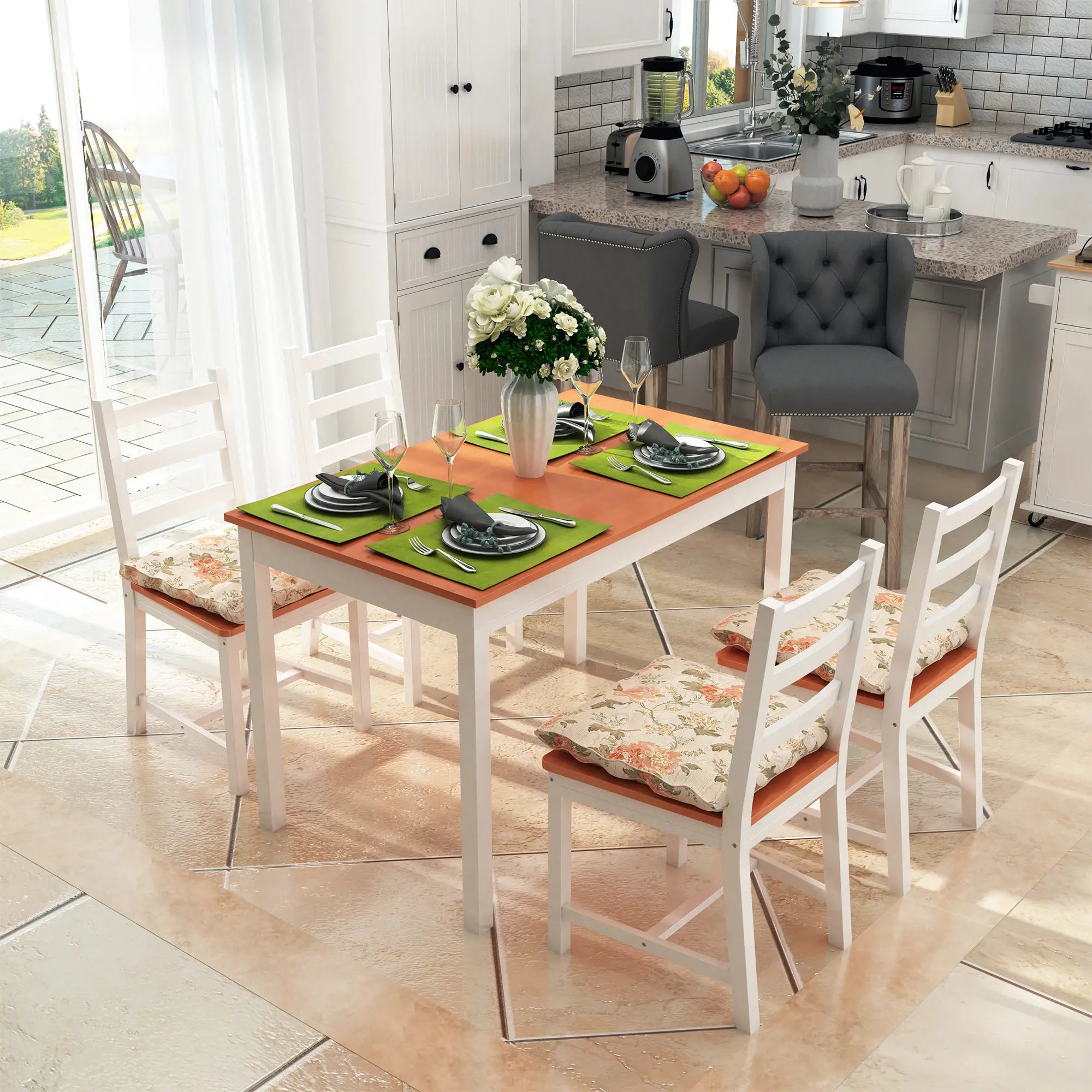 Pine Wood Dining Table Set for 4, 5 Piece, White and Natural Wood, White, Natural Wood Bar Sets at Gallery Canada