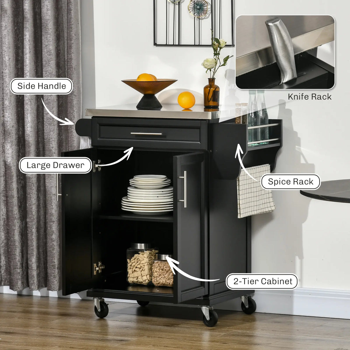 Kitchen Island with Stainless Steel Top, Rolling Cart, Storage Drawer, Black Kitchen Islands & Kitchen Carts at Gallery Canada