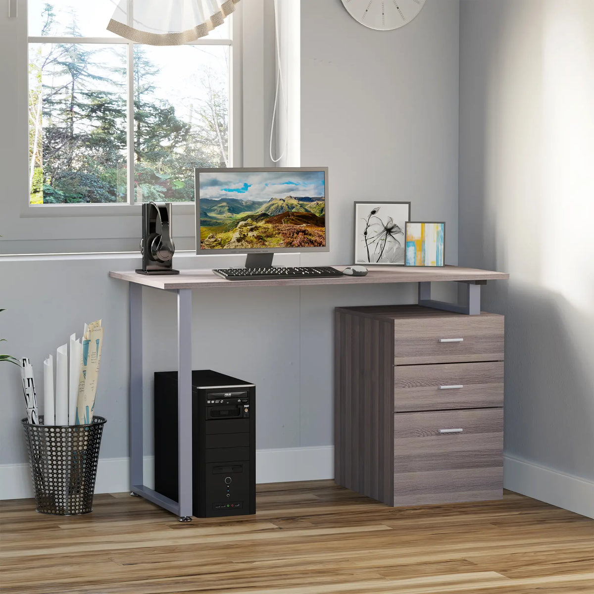 47" Computer Desk With 3 Drawers, Dark Wood Grain Writing Desks at Gallery Canada