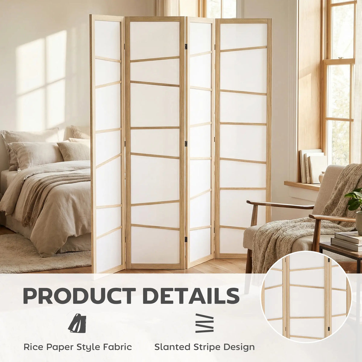 66.9" Folding Room Divider, 4 Panel Wood Frame, Natural Wood Room Dividers at Gallery Canada