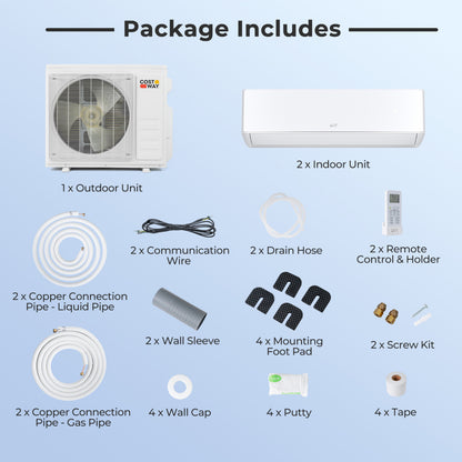 18000 BTU 2 Zone 24 SEER2 Mini Split AC, Heat Pump, 9K + 9K, White Mini Split Air Conditioners at Gallery Canada
